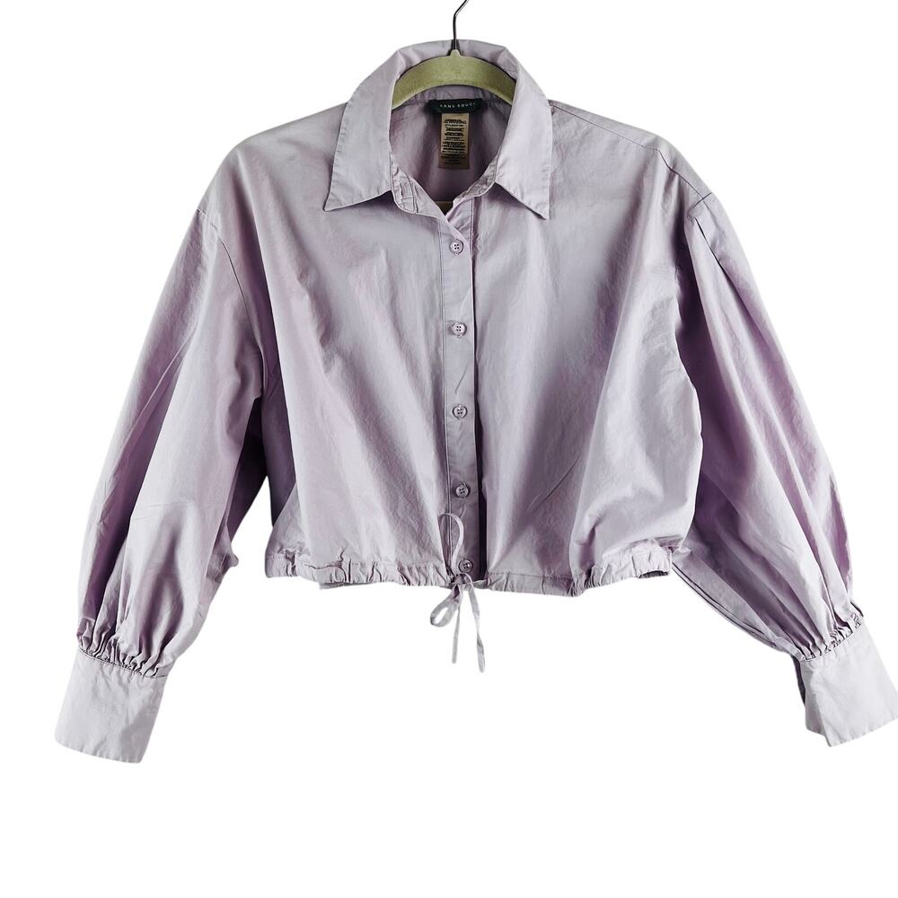Sans Souci Womens Cropped Button-Down Shirt M Lavender Balloon Sleeve Drawstring